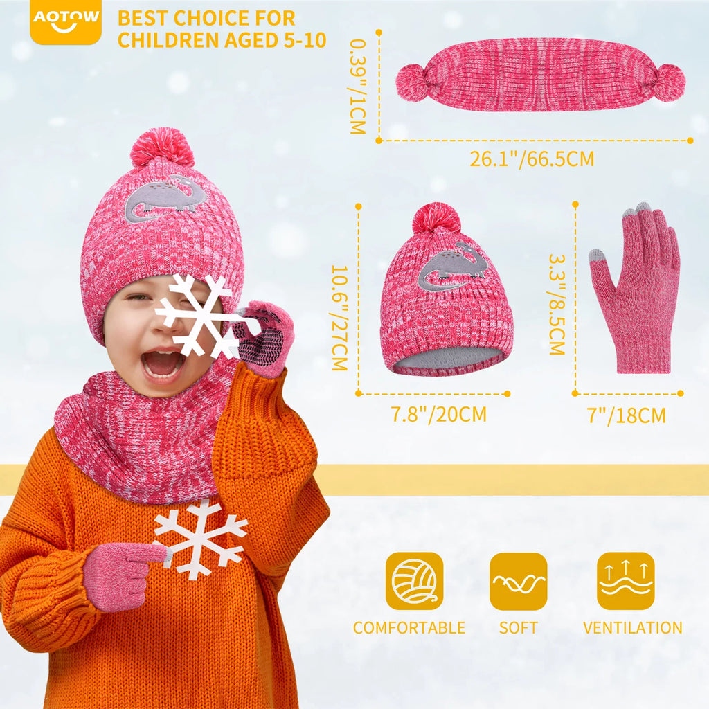 Vbiger Kids Winter Hat Scarf Gloves Set 3pcs Warm Knit Beanie Cap Circle Scarf Mitten with Fleece Lining for Children 5-10 Years Old, Pink