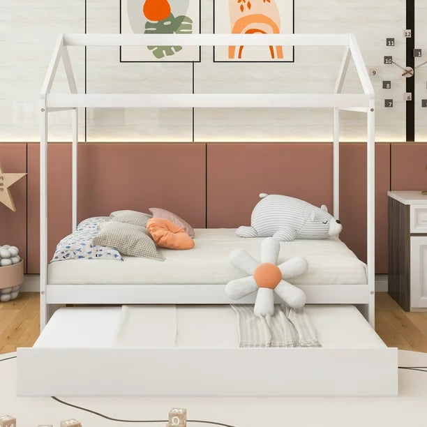 Pine Wood Full Size Beach House Bed with Trundle for Kids Bedroom, White