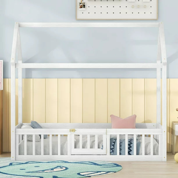 Euroco Twin Size Low House Bed with Fence and Door, White