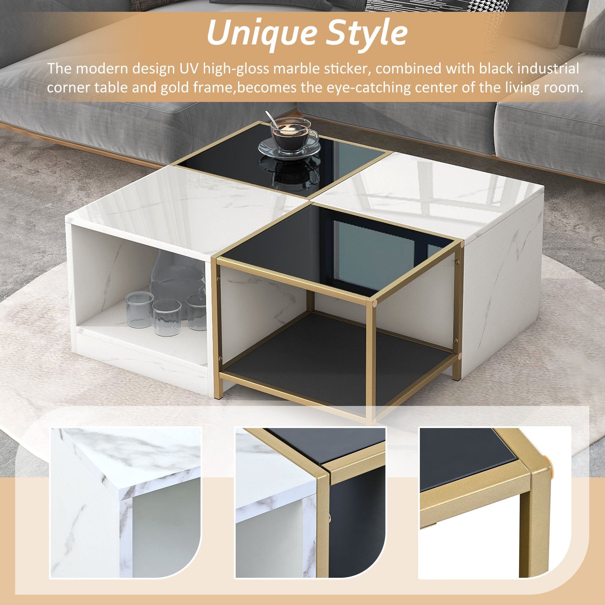 EUROCO 2-layer Modern Coffee Table with Metal Frame, Cocktail Table with High Gloss White Marble Finish, Simply Assemble Square Corner Tables for Living Room, 31.5”x 31.5”
