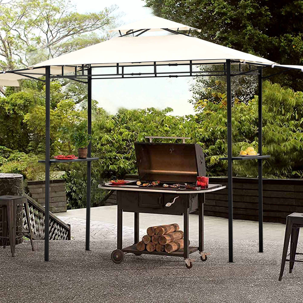 Euroco Patio Grill Gazebo with Bar Counters, Backyard BBQ Grill Shelter Double Tiered Canopy Top with Steel Frame, 12x4.3Ft, Beige