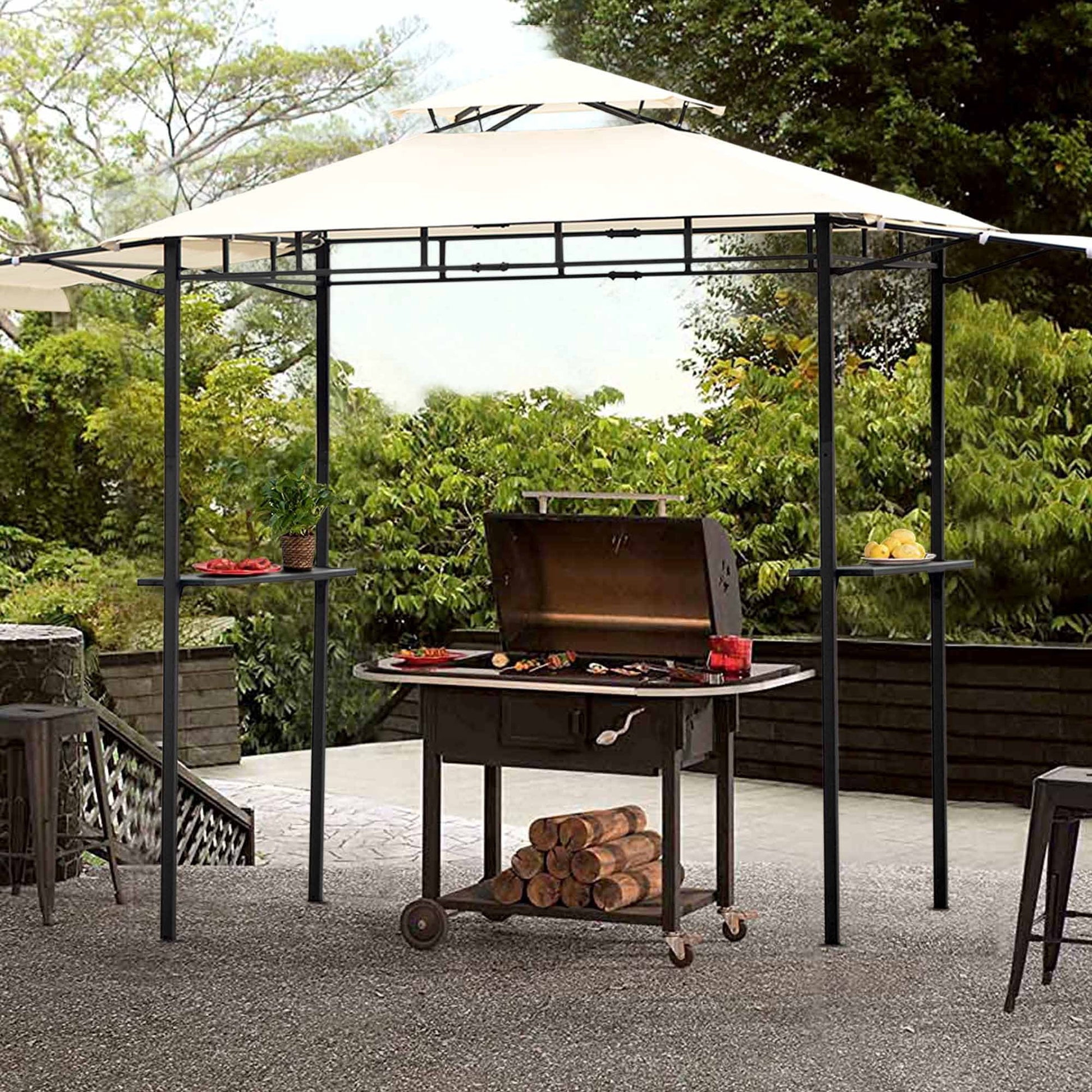 Euroco Patio Grill Gazebo with Bar Counters, Backyard BBQ Grill Shelter Double Tiered Canopy Top with Steel Frame, 12x4.3Ft, Beige