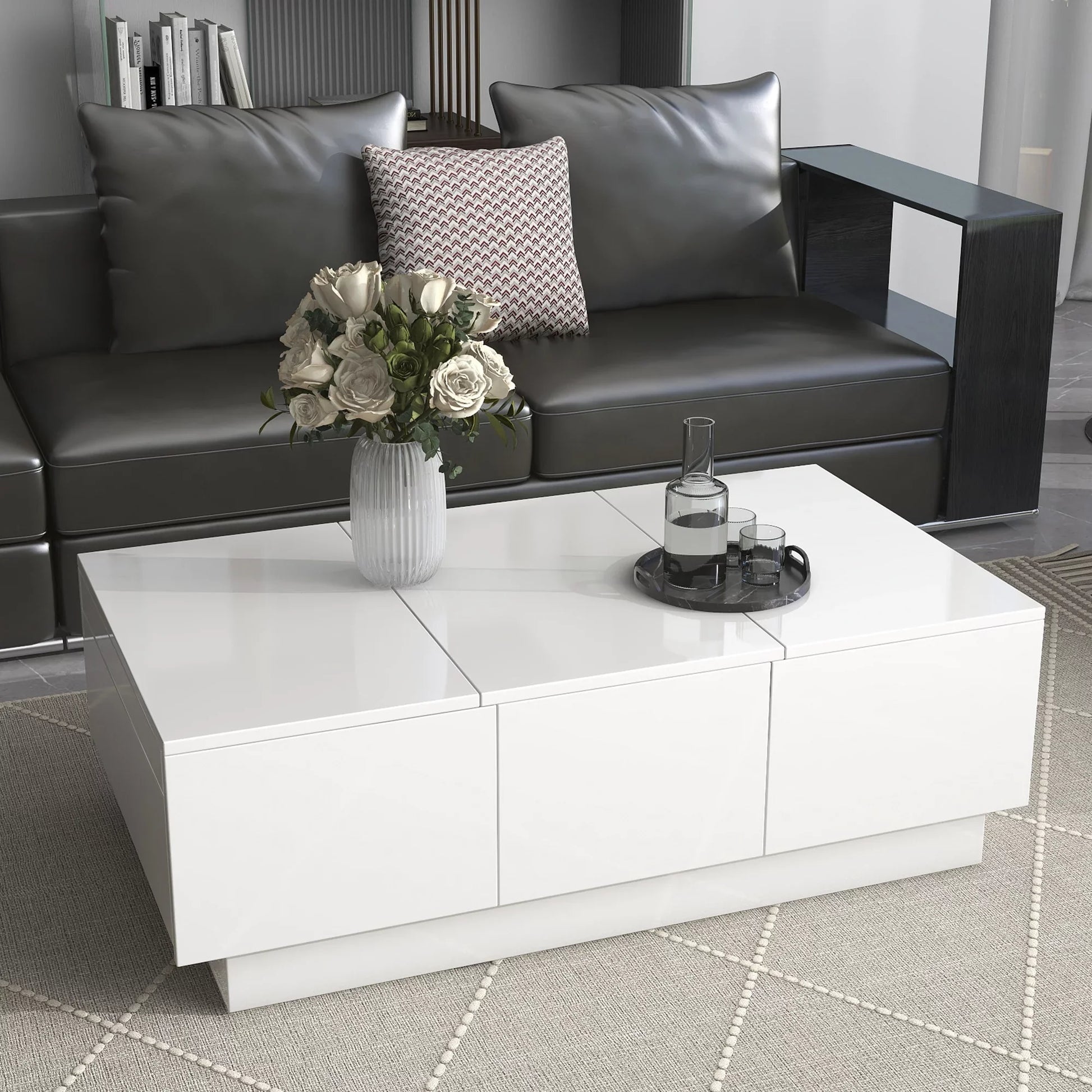 EUROCO 39.4” Multifunctional Coffee Table with 2 large Hidden Storage Compartment,Extendable Cocktail Table with 2 Drawers, High-gloss Center Table with Sliding Top for Living Room,White