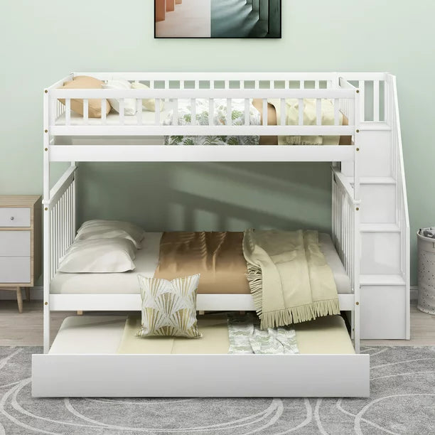 Euroco Full over Full Bunk Bed with Trundle and Storage Shelves for Kids, White