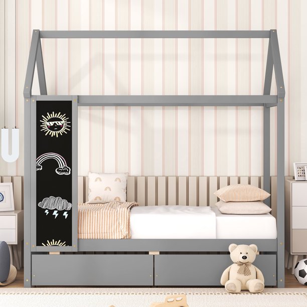 Euroco Twin Size House Bed with Drawers and Blackboard for Kids, Gray