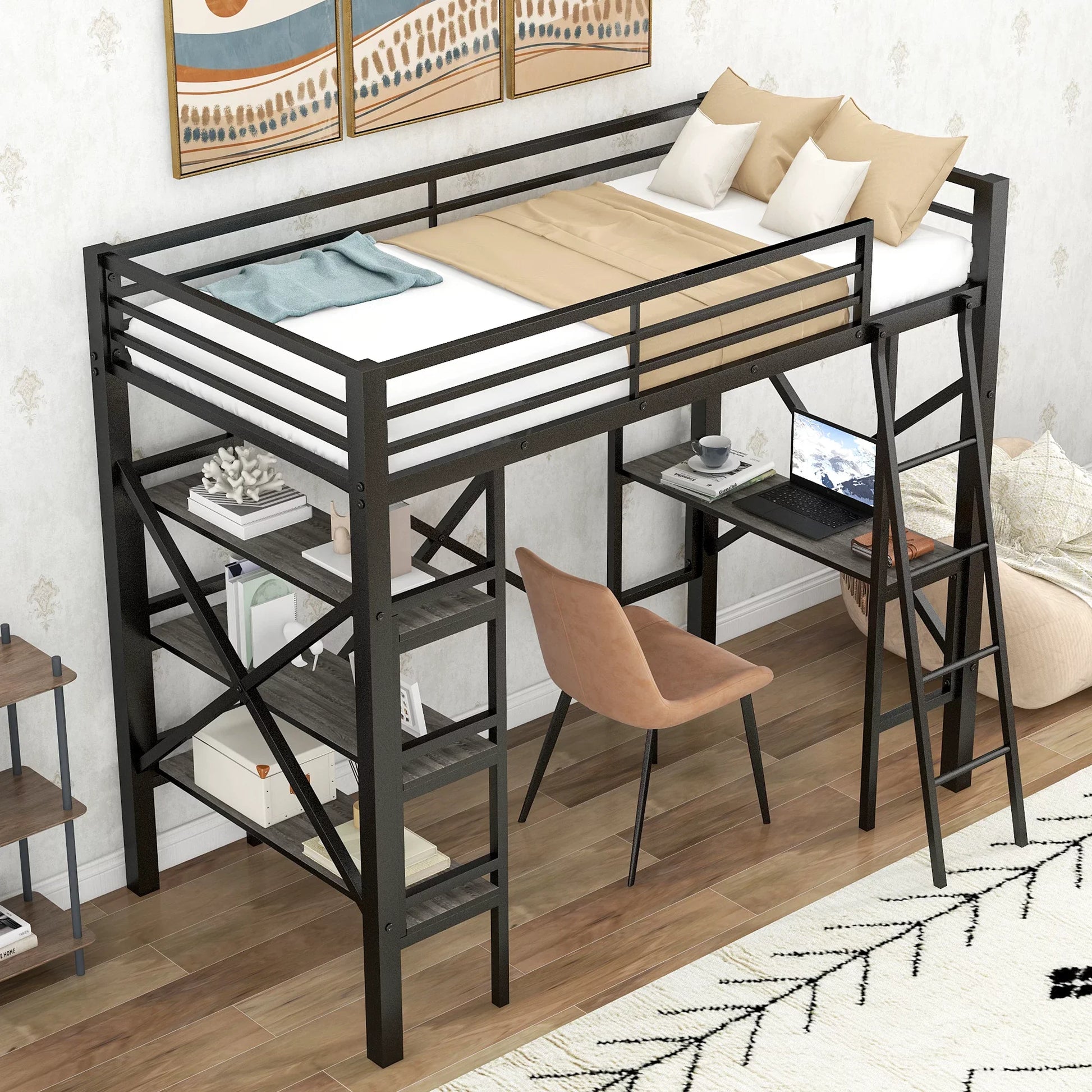Euroco Metal Loft Bed Shelves and Desk, Twin Size, Black