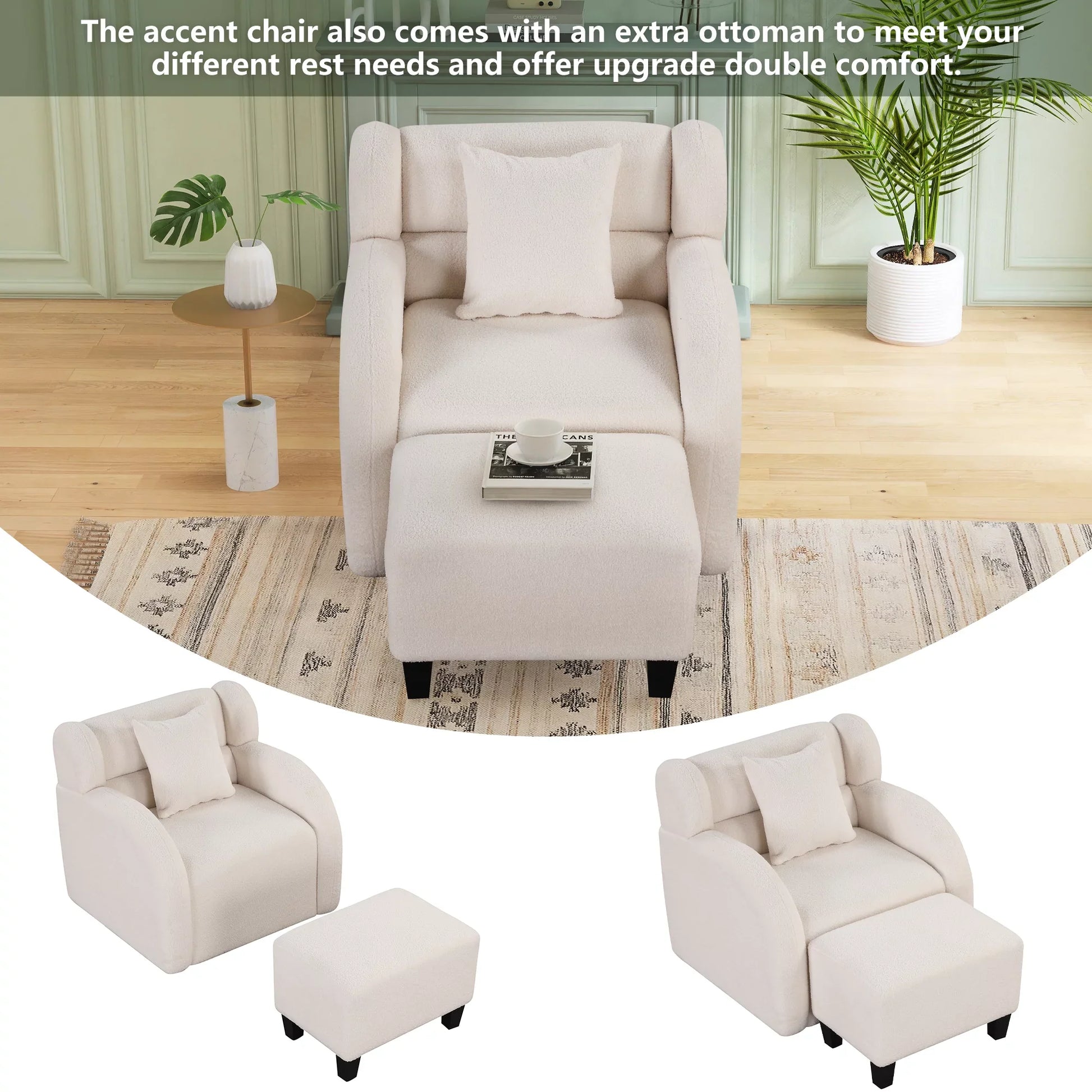 EUROCO Swivel Accent Chair with Ottoman, Teddy Short Plush Particle Velvet Armchair,360 Degree Swivel Barrel Chair with footstool for Living Room, Hotel, Bedroom, Office, Lounge
