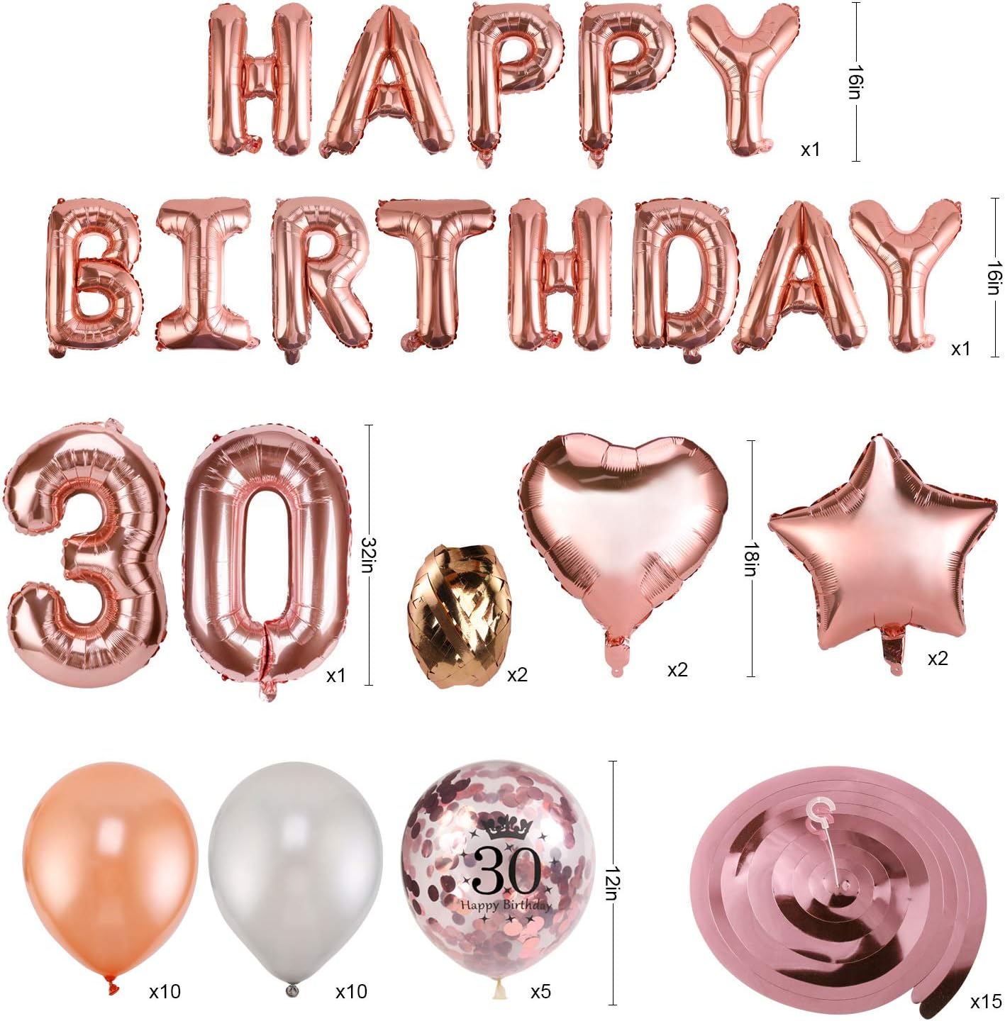 HOWAF Rose Gold 30th Birthday Decorations for Women and Girl Birthday Party Supplies 59 Pack with Happy Birthday Banner Hanging Swirl Confetti Latex Balloons Star Heart Foil Balloons