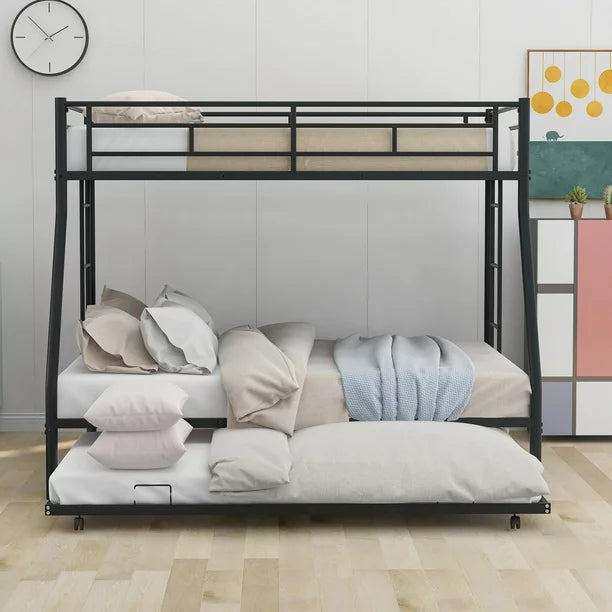 Euroco Steel Twin over Full Bunk Bed with Trundle & Ladders, Black
