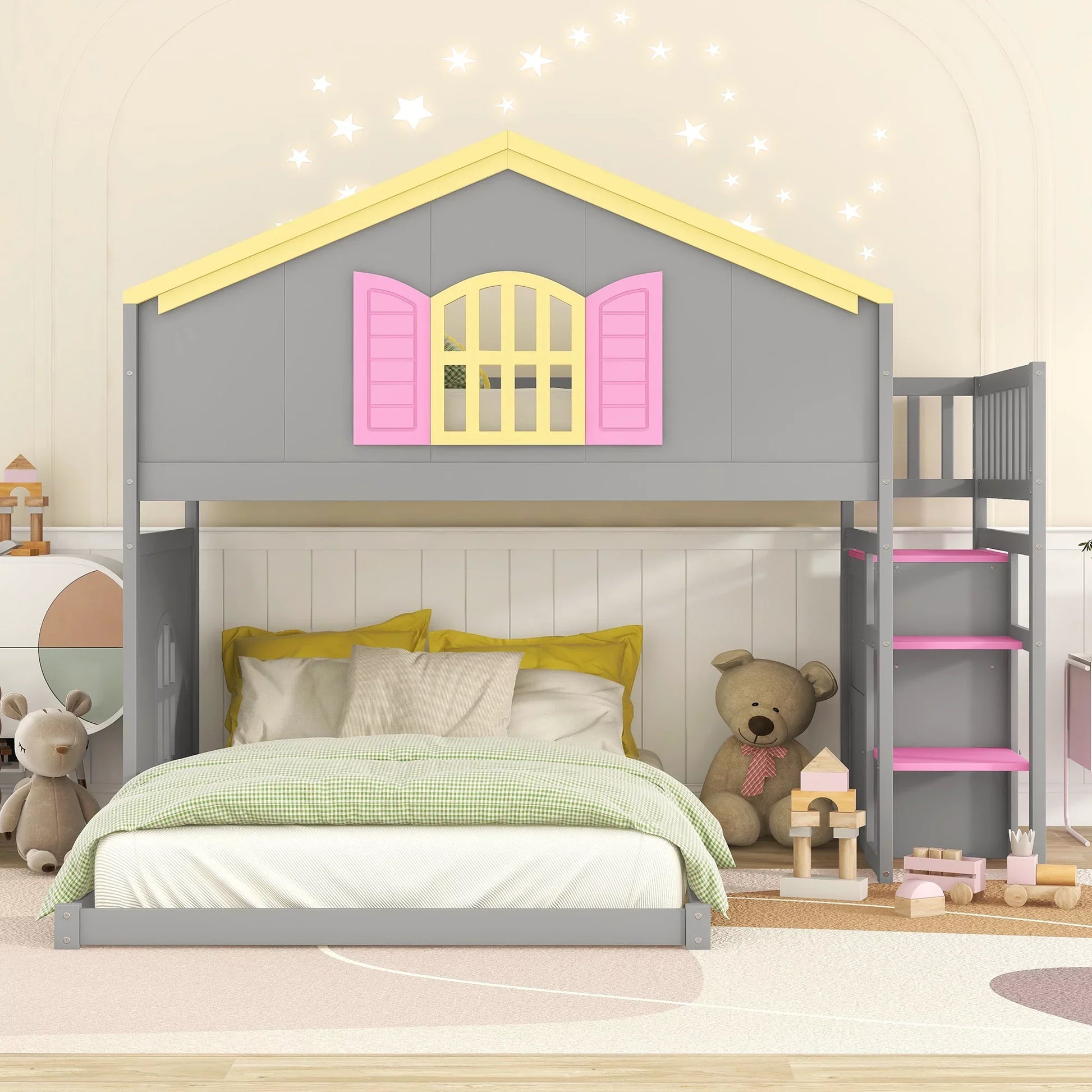 Twin over Full House Bunk Bed with Shelf and Drawer for Kids, Gray