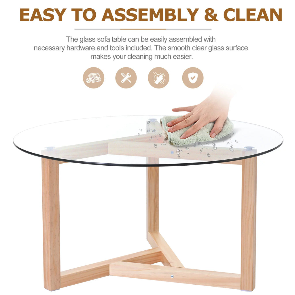 EUROCO Round Glass Coffee Table Modern Cocktail Table Easy Assembly with Tempered Glass Top & Sturdy Wood Base, Natural