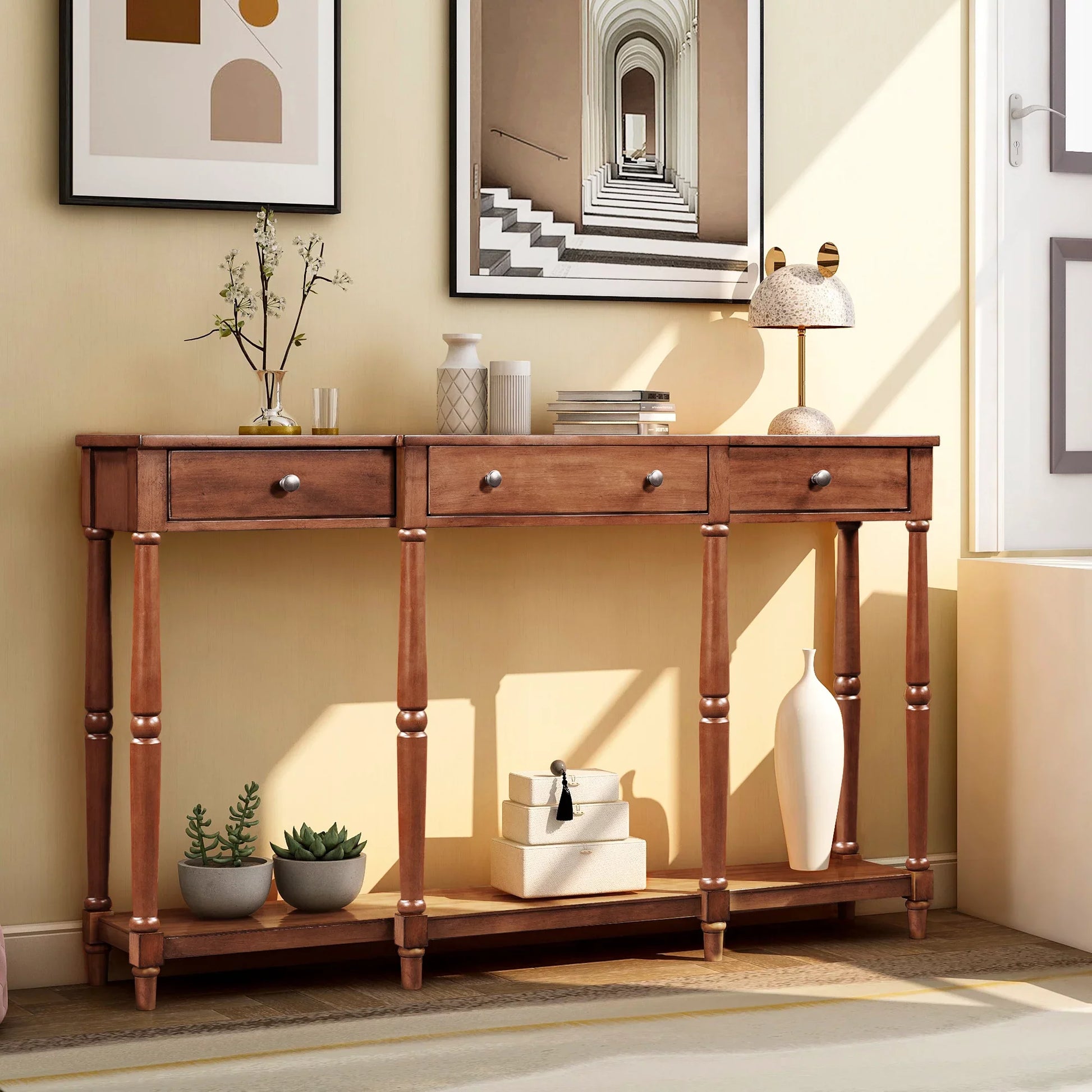 EUROCO Console Table Entryway Solid Wood Classic Console Table with Storage 3 Drawers & Shelf Wood Side Display (Brown)