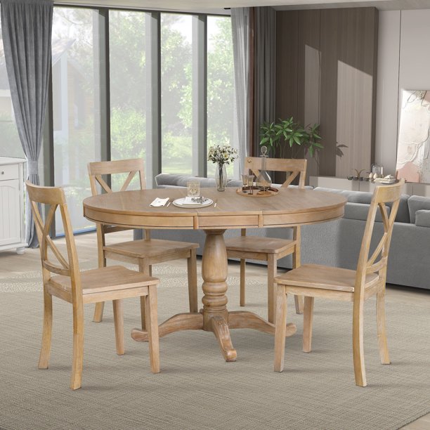 EUROCO 5 Piece Dining Room Table Set,42" Round Dining Table with Extendable Tabletop & Breakfast Nook,Easy Clean Tabletop,Natural Wood Wash