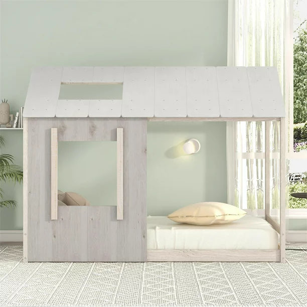 Wood Twin Classic House Platform Bed with Roof and Window for Kids, Gray