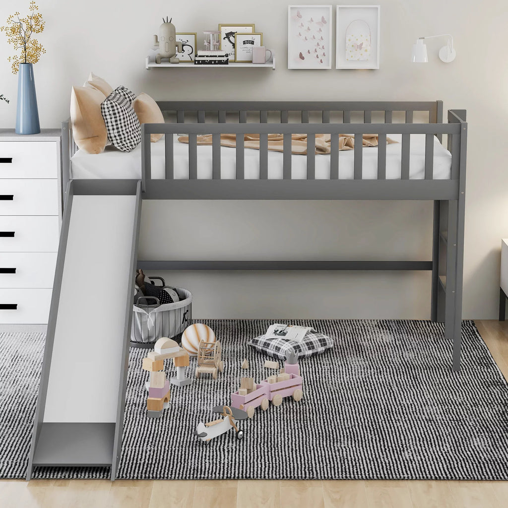 Euroco Wood Low Twin Loft Bed with Vertical Ladder and Slide, Gray
