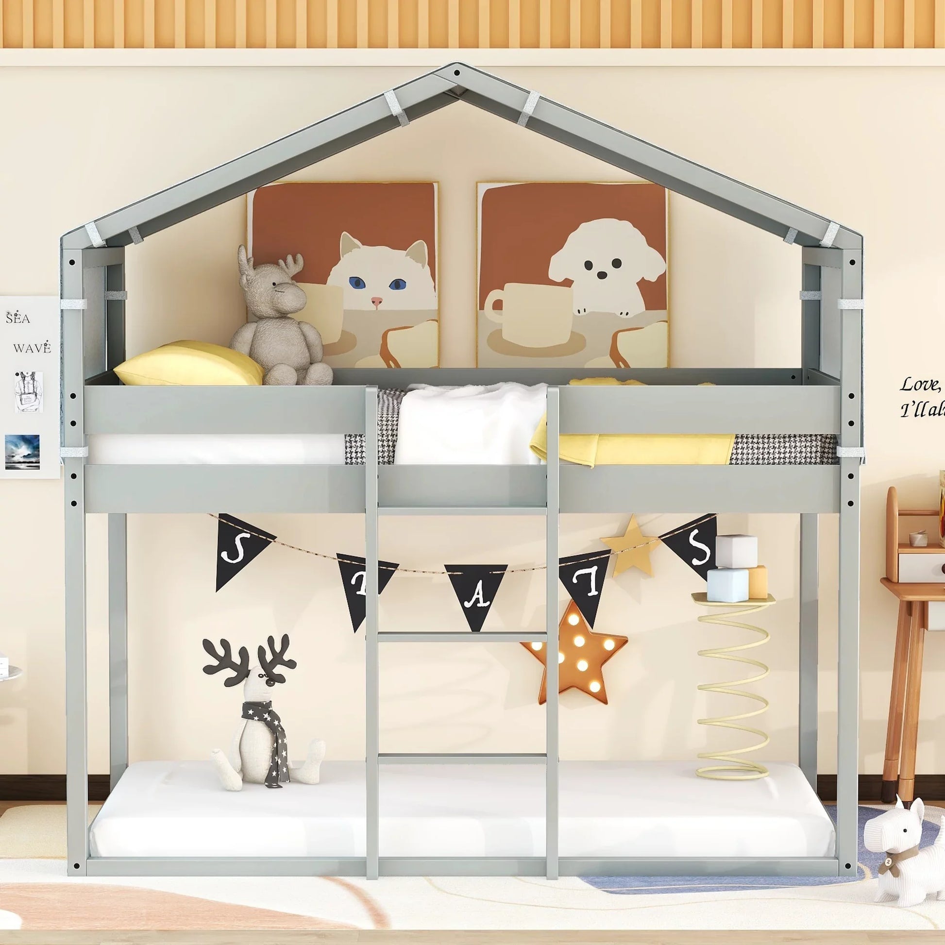 Twin over Twin Tent House Bunk Bed with Tent for Kids Bedroom, Gray