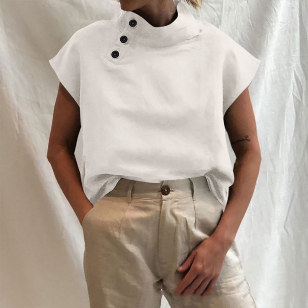 MIARHB Women's Solid Color Short Sleeve Open Button Pullover Shirt Mock Neck Casual Top, White, M