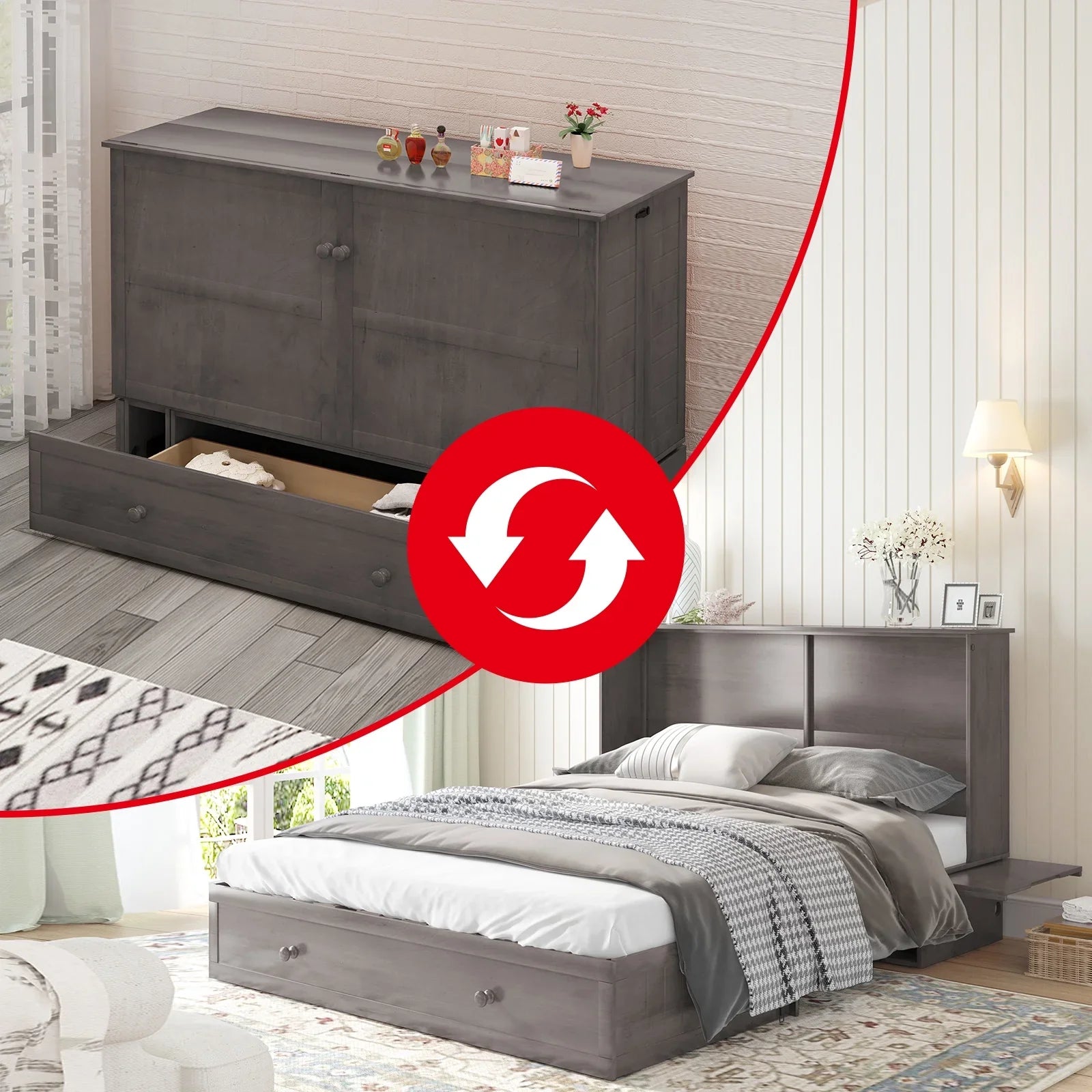 PUREMIND Murphy Bed Cabinet with Built-in Charging Station and Storage Drawer, Solid Wood Cabinet Bed Queen Size with Mattress, Murphy Cube Chest Bed for Guest Room/Home/Office(Style 8/Gray)
