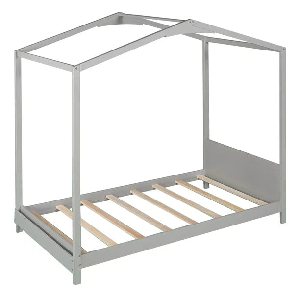 EUROCO Wood Twin Size House Bed with Roof for Kids, Gray