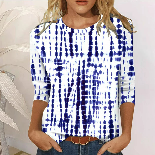Clearance! Womens Summer Tops MIARHB Summer 2023 Three Quarter Sleeve Printed T-Shirt Tops, Blue, XXL