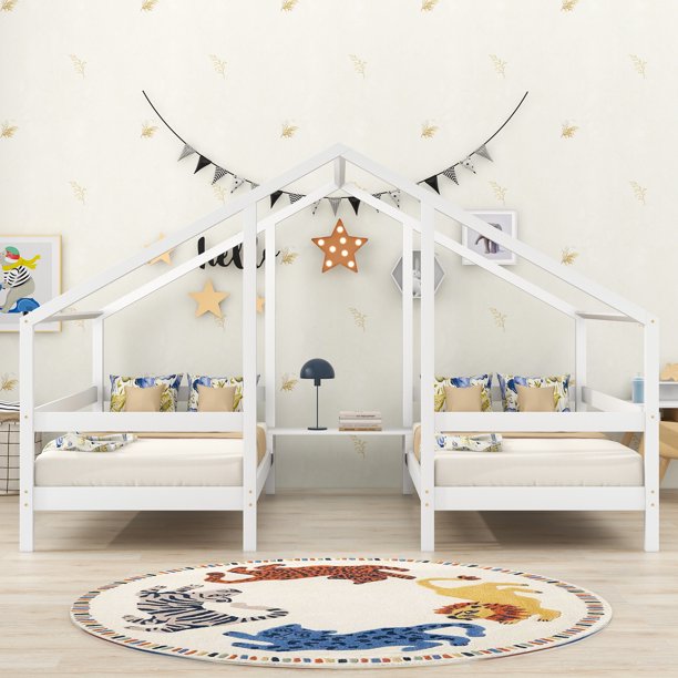 Wood Twin House Two Beds in One with Movable Desk for Kids Bedroom, White