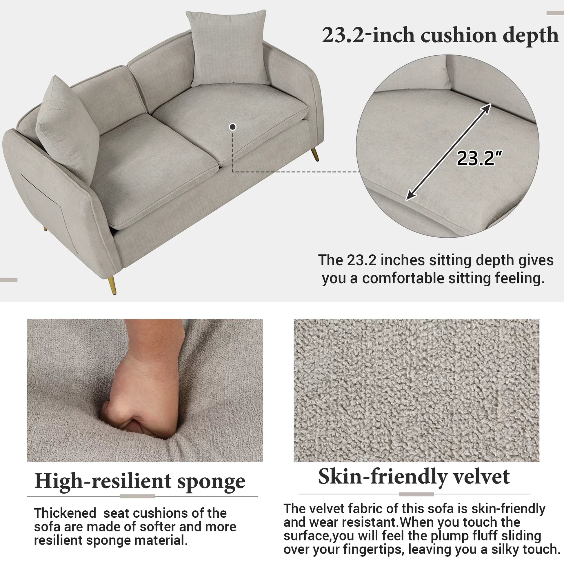 Euroco Velvet Loveseat Sofa, Upholstered Loveseat Couch with 2 Pillows Modern Sofa with Golden Metal Legs for Living Room, Apartment, Gray, 57.8"