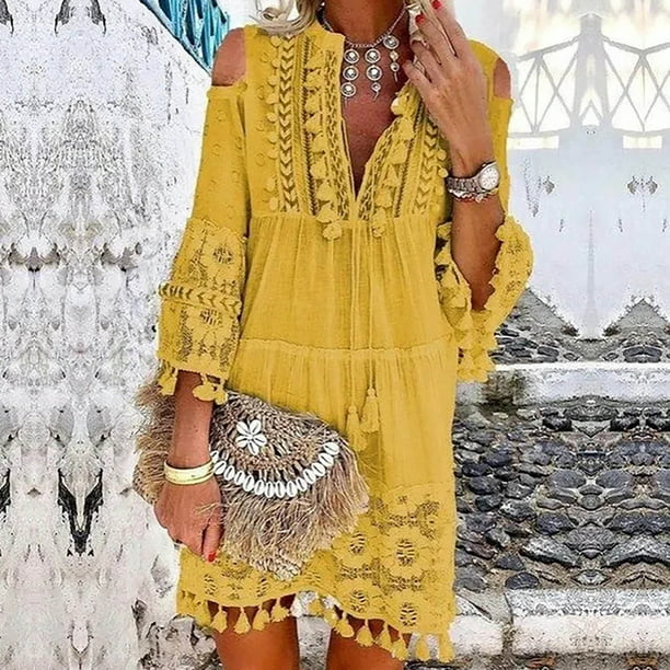 MIARHB Women Dress Fashion Three-Quarter Sleeve Boho Dress Lace Tassel V-Neck Mini Dress, Yellow, M