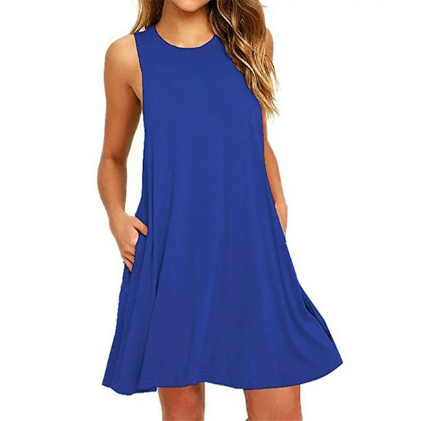MIARHB Fashion Women Casual Solid Pockets Sleeveless Above Knee Dress, Blue, XL