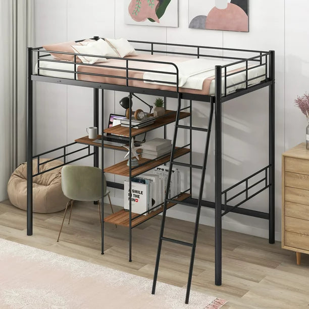 EUROCO Metal Twin Loft Bed with Desk for Child, Black