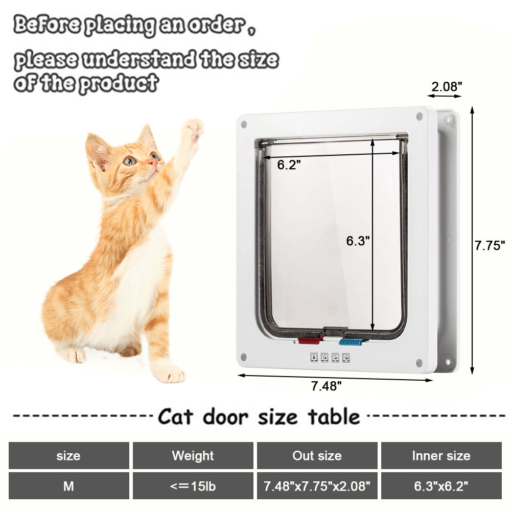 Cat Door, (Outer Size 7.5" x 7.8", M Size)4 Way Locking Cat Flap Door for Interior Exterior Doors, ALPACASSO Weatherproof Pet Doors for Cats & Doggie, Suitable for Window & Wall