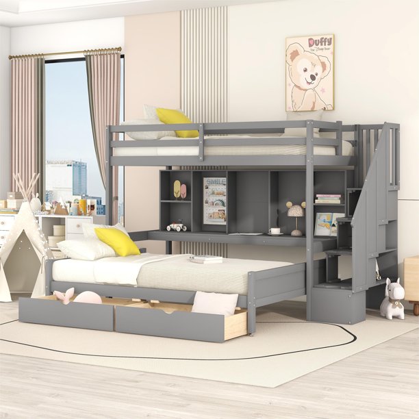 Pine Wood Twin XL over Full Bunk Bed with Storage Shelves and Staircase, Gray