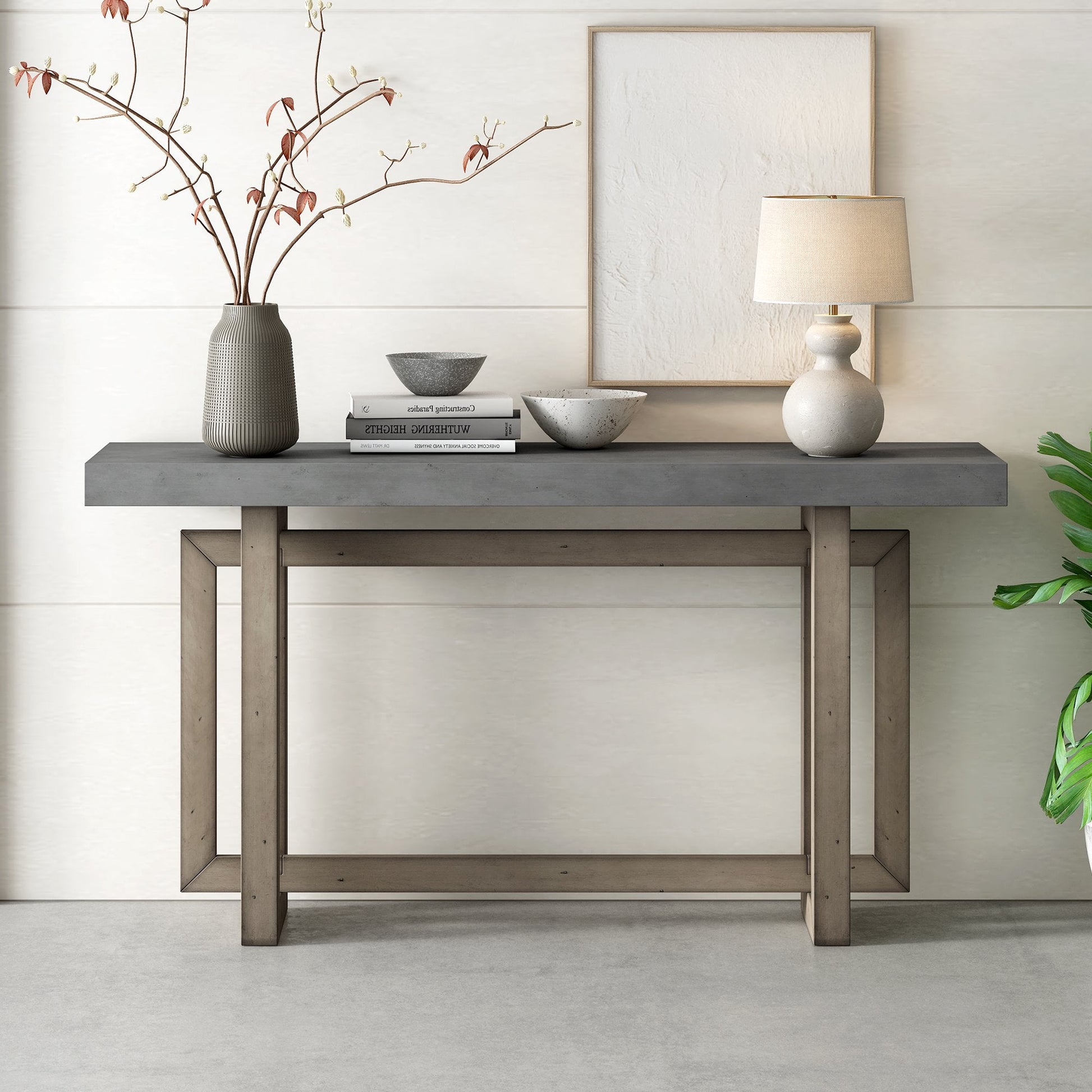 EUROCO 59.1" Long Console Table Sofa Table for Entryway with Industrial-inspired Concrete Wood Top for Living Room Hallway Foyer Office