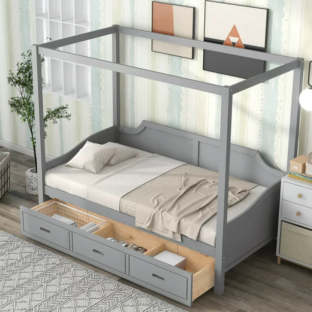 Twin Size Canopy Daybed with 3 in 1 Drawer and Slat Support Leg for Kids Bedroom, Gray