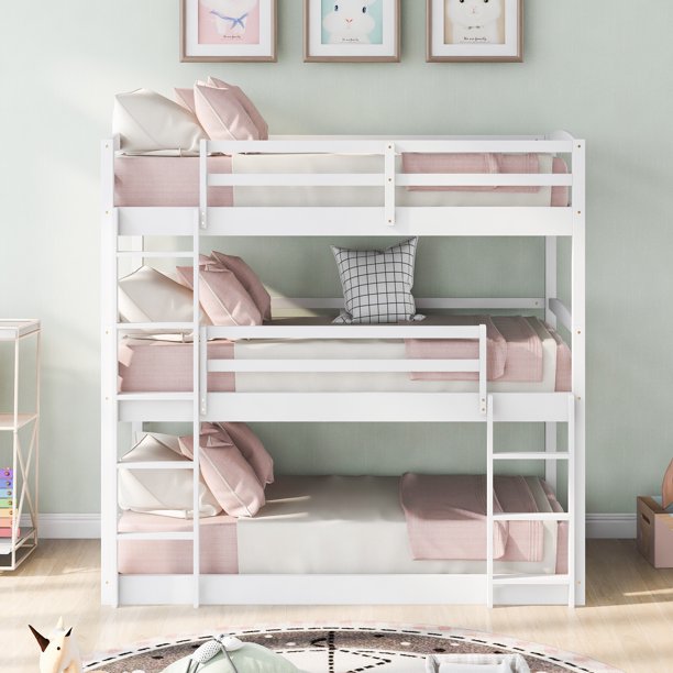 Merax Wood Twin Over Twin Over Twin Triple Bunk Bed with Ladder and White