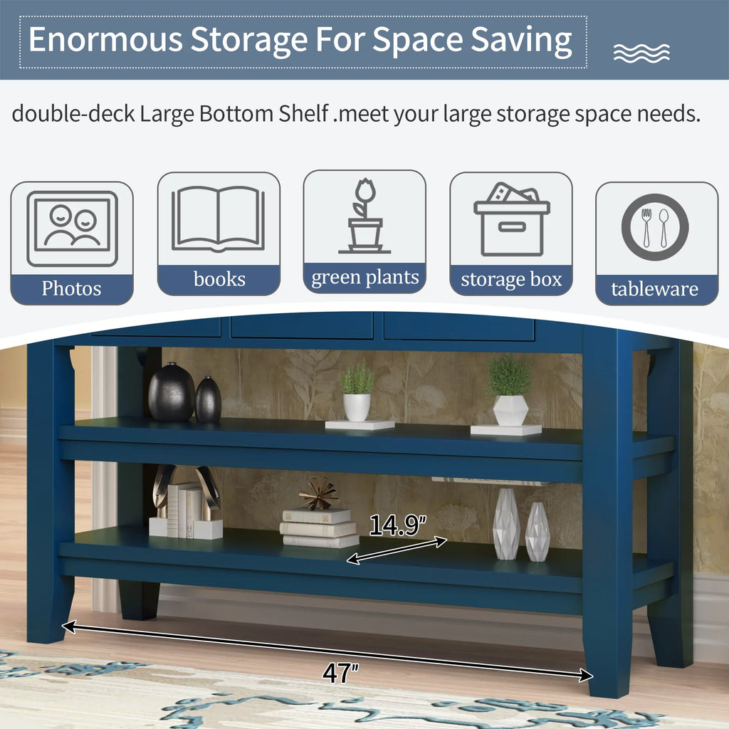 EUROCO 48" Modern Console Table with 3 Drawers and 2 Shelves Sofa Table for Living Room, Solid Wood Top (Pine)