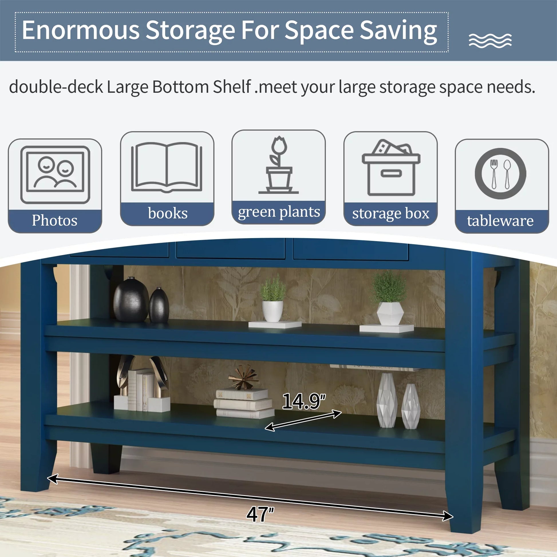 EUROCO 48" Modern Console Table with 3 Drawers and 2 Shelves Sofa Table for Living Room, Solid Wood Top (Pine)