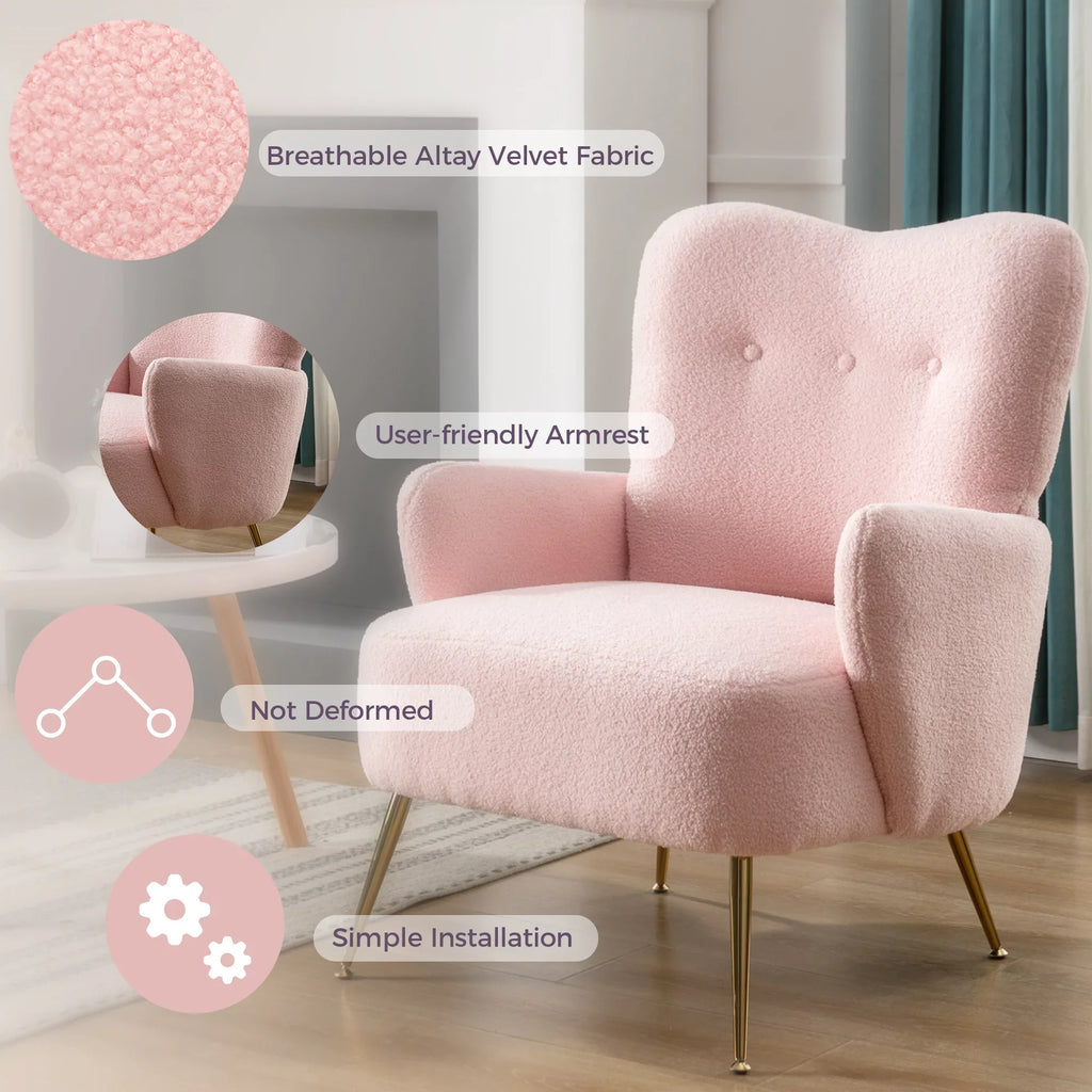 EUROCO Cozy Teddy Fabric ArmChair with Sloped High Back and Contemporary Metal Legs ,Pink