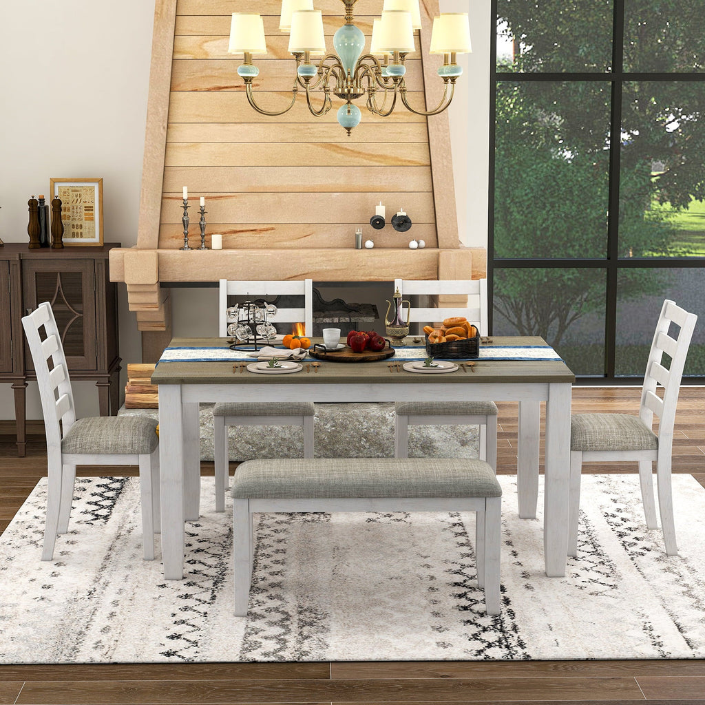 Euroco Rustic Style 6-Piece Dining Room Table Set with 4 Upholstered Chairs & a Bench (Brown + Whitewash)