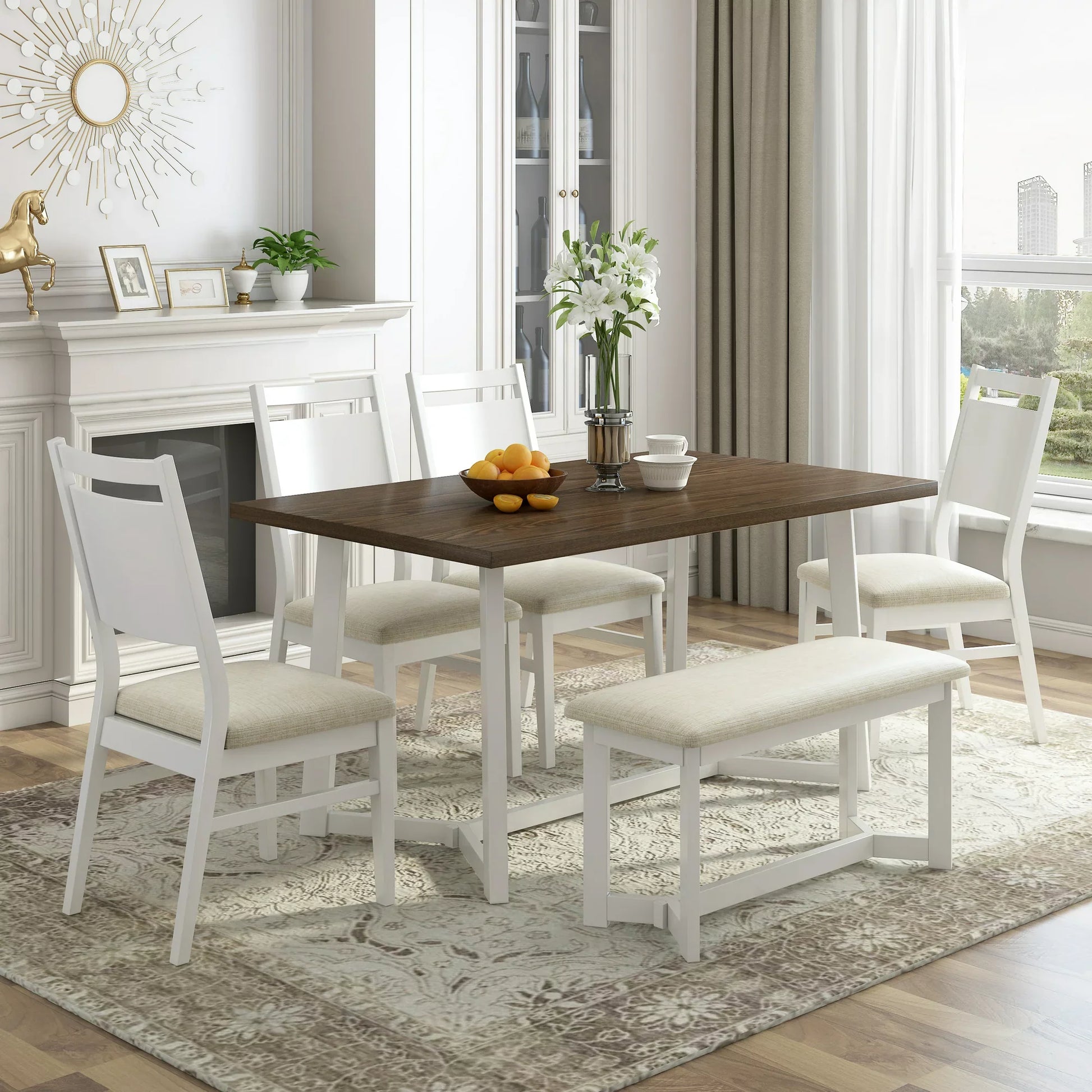 Farmhouse 6-Piece 59" Wood Dining Table Set with 4 Upholstered Chairs and Bench, White
