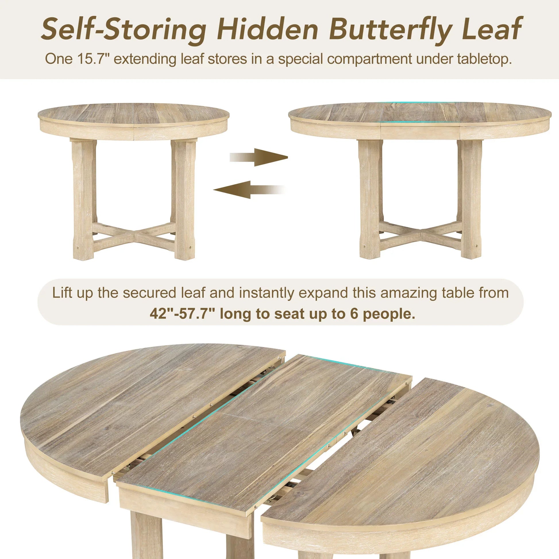 EUROCO 57.7" 5-Piece Dining Table Set with Extendable Butterfly Leaf,Two-Size Round To Oval Solid Wood Dining Table and 4 Upholstered Dining Chairs with Armrests,Natural Wood Wash