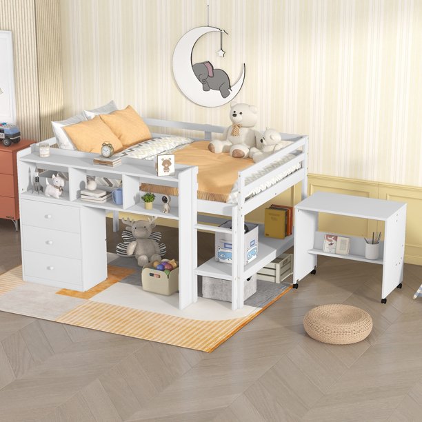 Full Size Pine Wood Loft Bed with Desk, Drawers and a Shelf for Kids Room, White