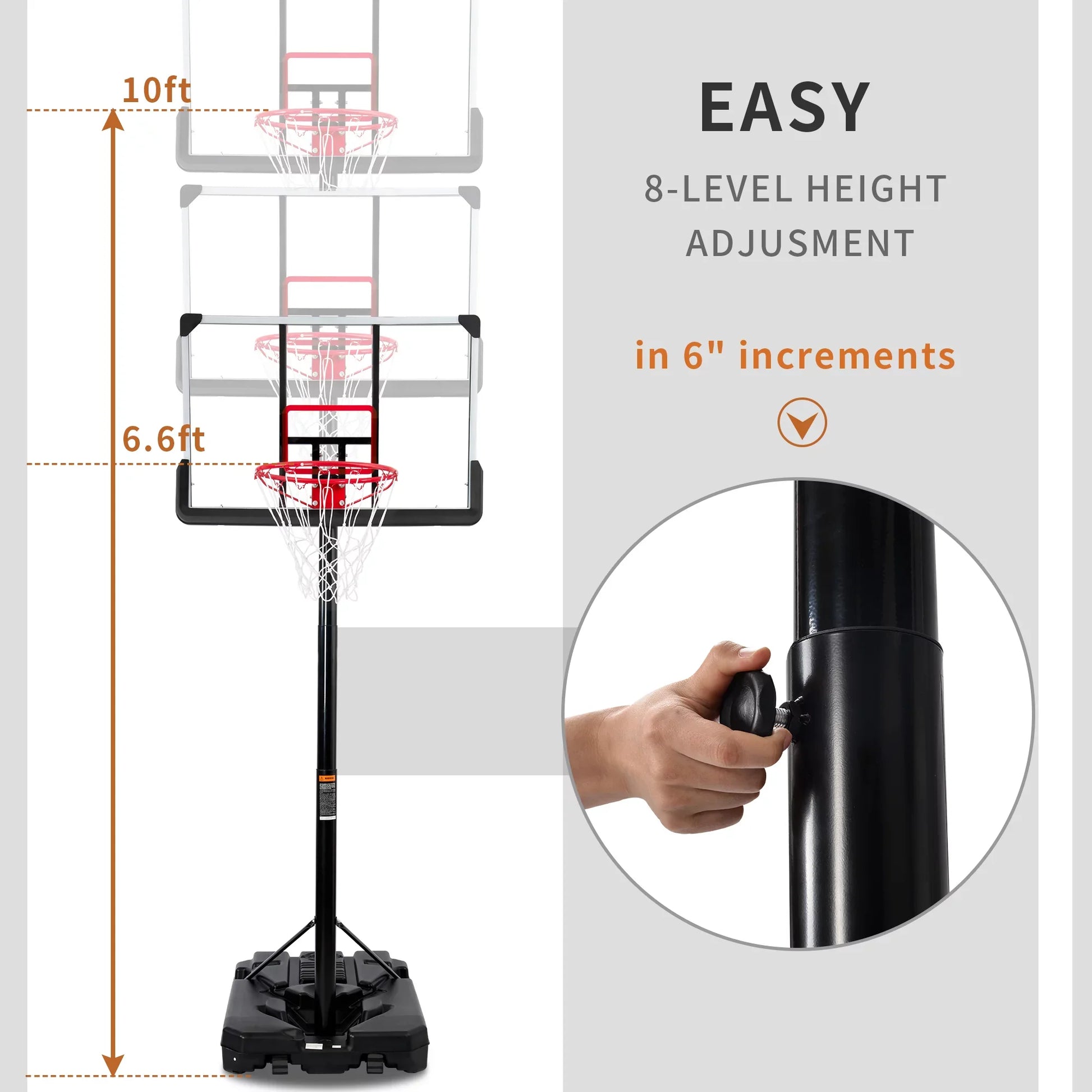 Euroco Portable Basketball Hoop & Goal, Outdoor Basketball System with 6.6-10ft Height Adjustment for Youth, Adults