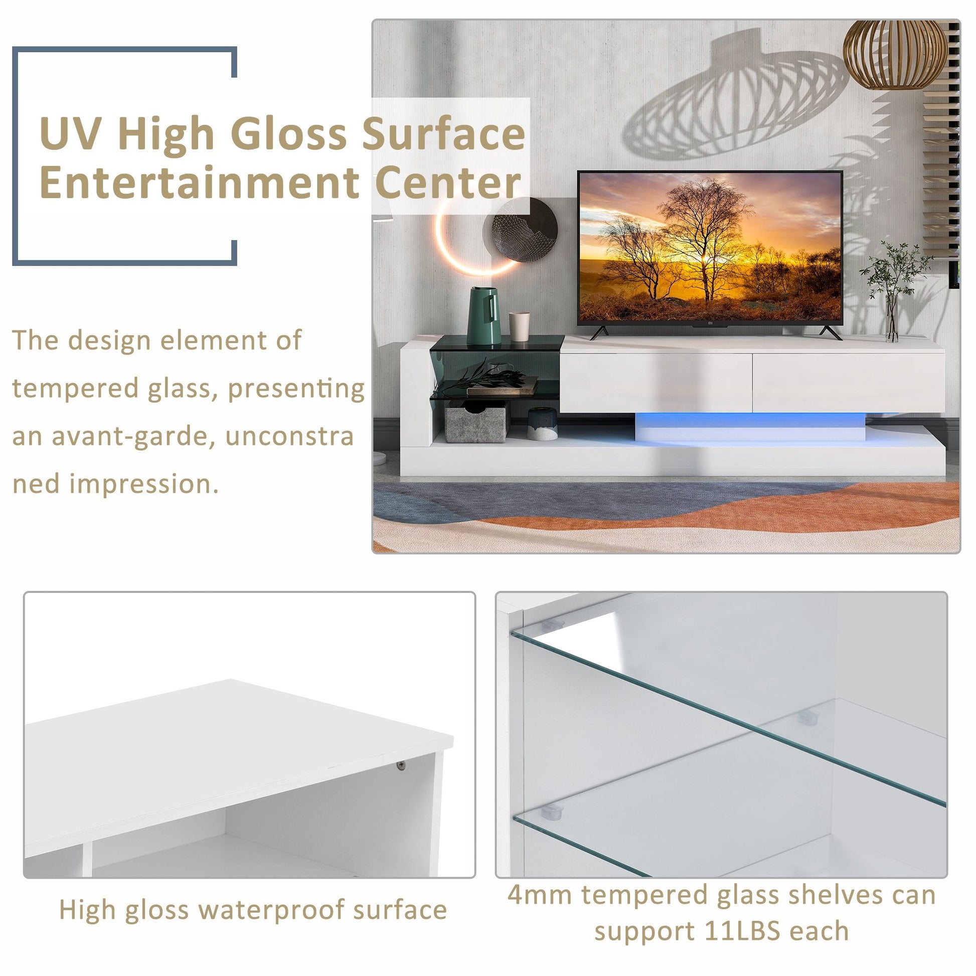 EUROCO TV Stand Up to 75", Modern High Gloss Entertainment Center with LED Changing Lights and 2 Media Storage Cabinets for Living Room