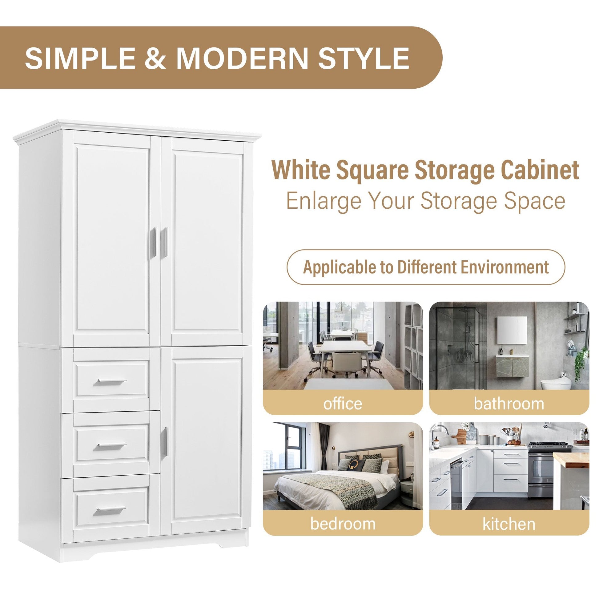 EUROCO 62.2" Bathroom Floor Tall Storage Cabinet,Kitchen Pantry, Farmhouse Pantry Cabinet with Glass 3 Doors & 3 Drawers and Adjustable Shelves,White