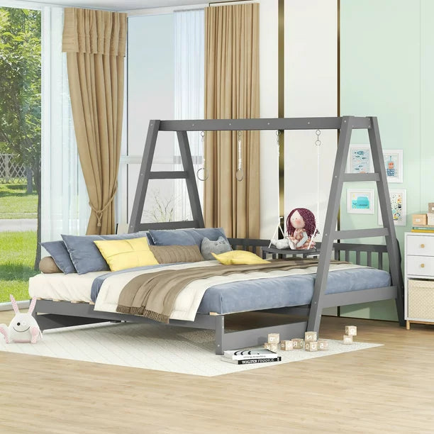 Euroco Twin Size Convertible Daybed with Swing and Ring Handles for Kids, Gray