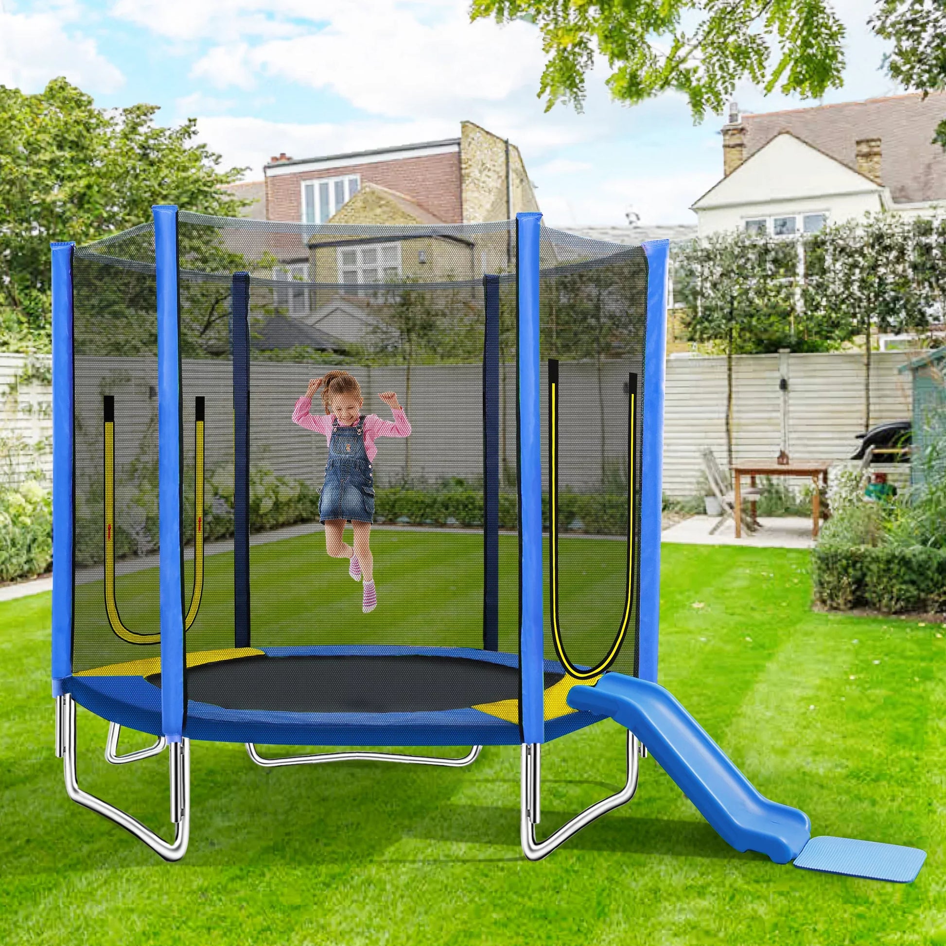 EUROCO 220LBS 7FT Trampoline for Kids with Enclosure Safety Net, Slide and Ladder, Easy Assembly Round Outdoor Recreational Trampoline