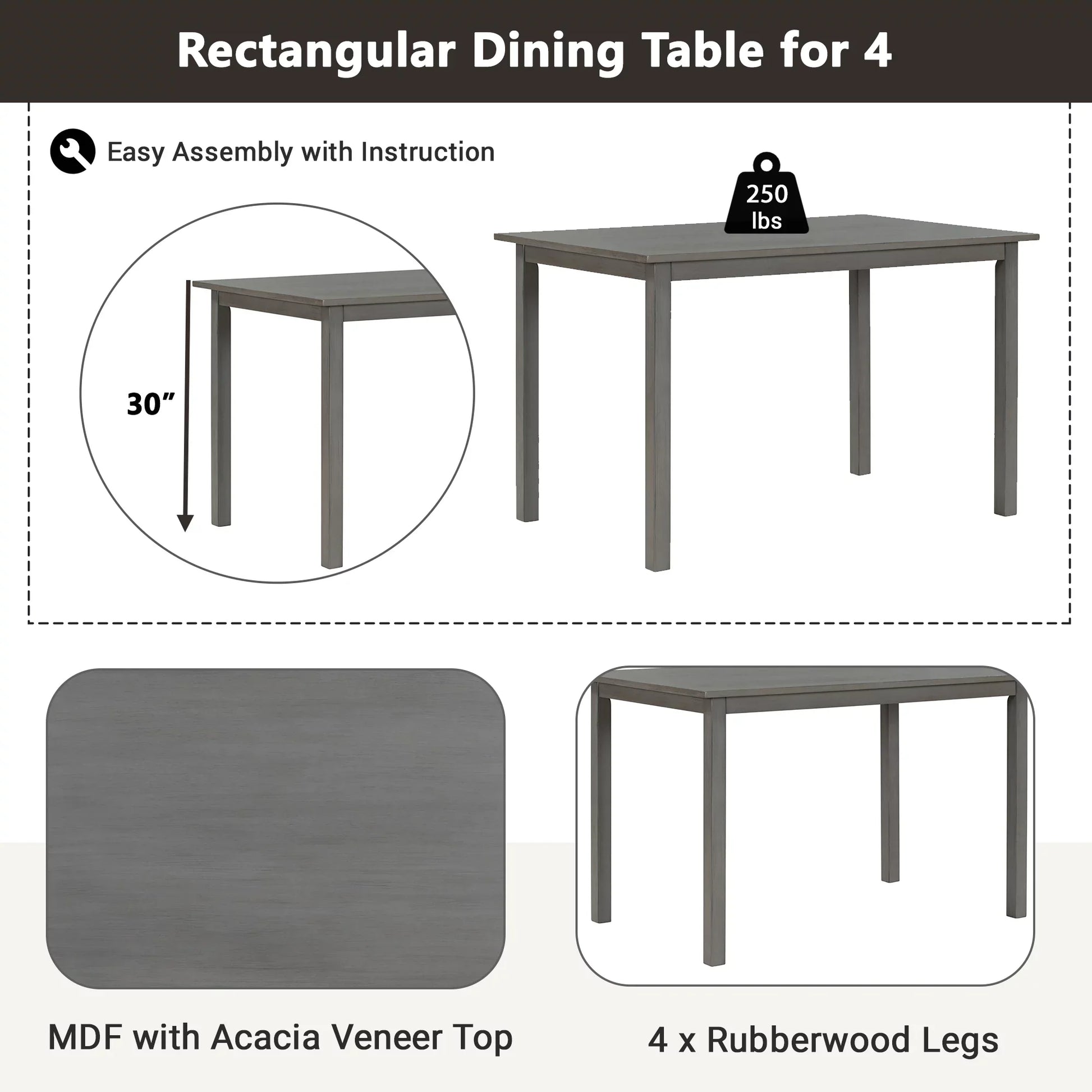 EUROCO 48" 5-Piece Dining Table Set,Solid Wood Kitchen Table with 2 Dining Chairs and 2 Benches,Gray