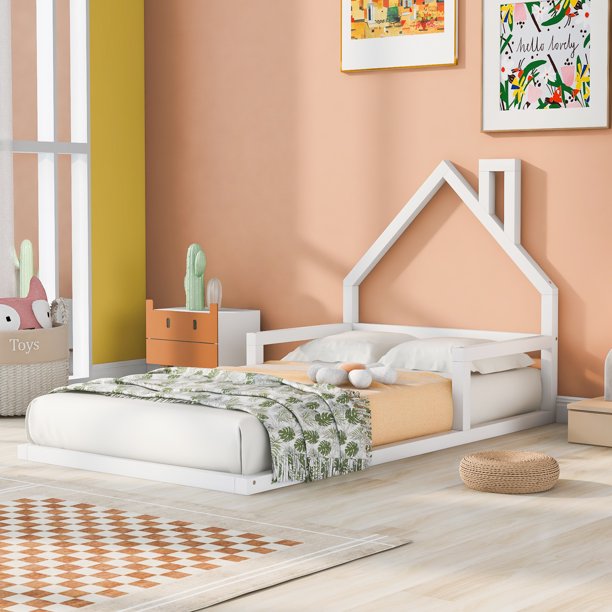 Euroco Twin Size Wood Floor Bed for Kids Room, White