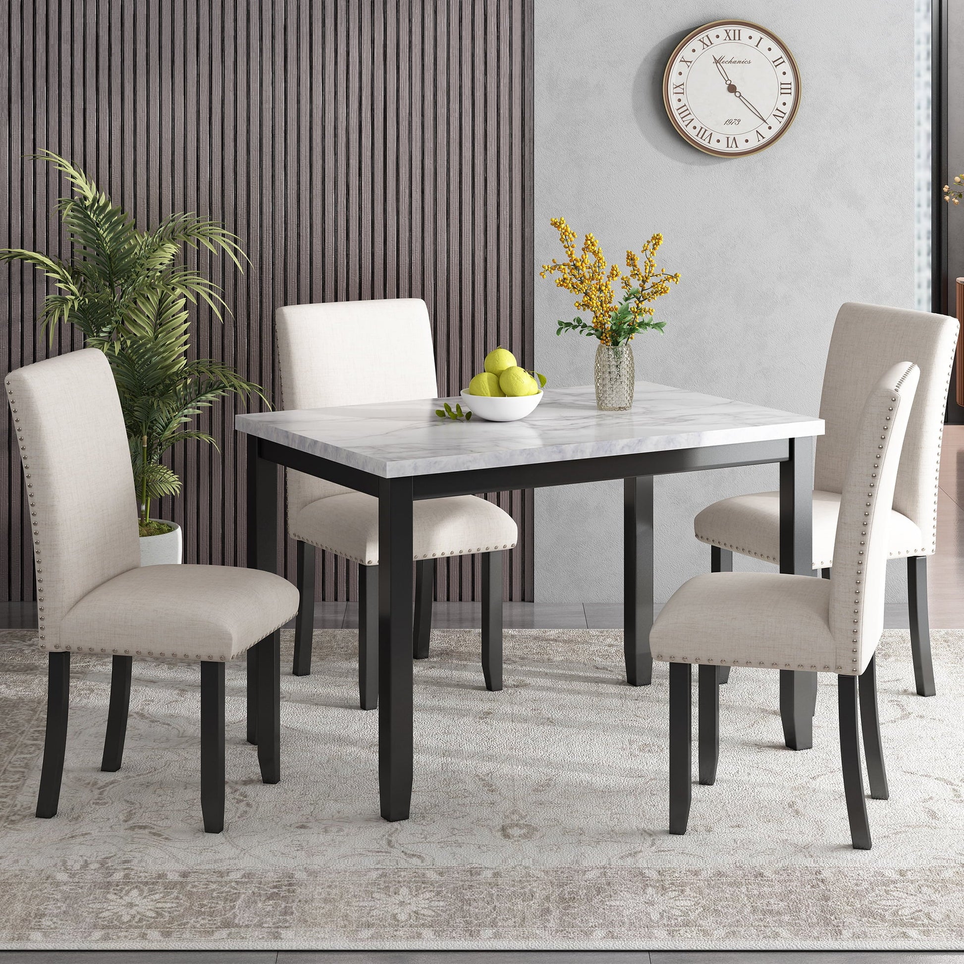 Euroco 45.3" Faux Marble 5-Piece Dining Set Table with 4 Thicken Cushion Dining Chairs Home Furniture, White/Beige+Black