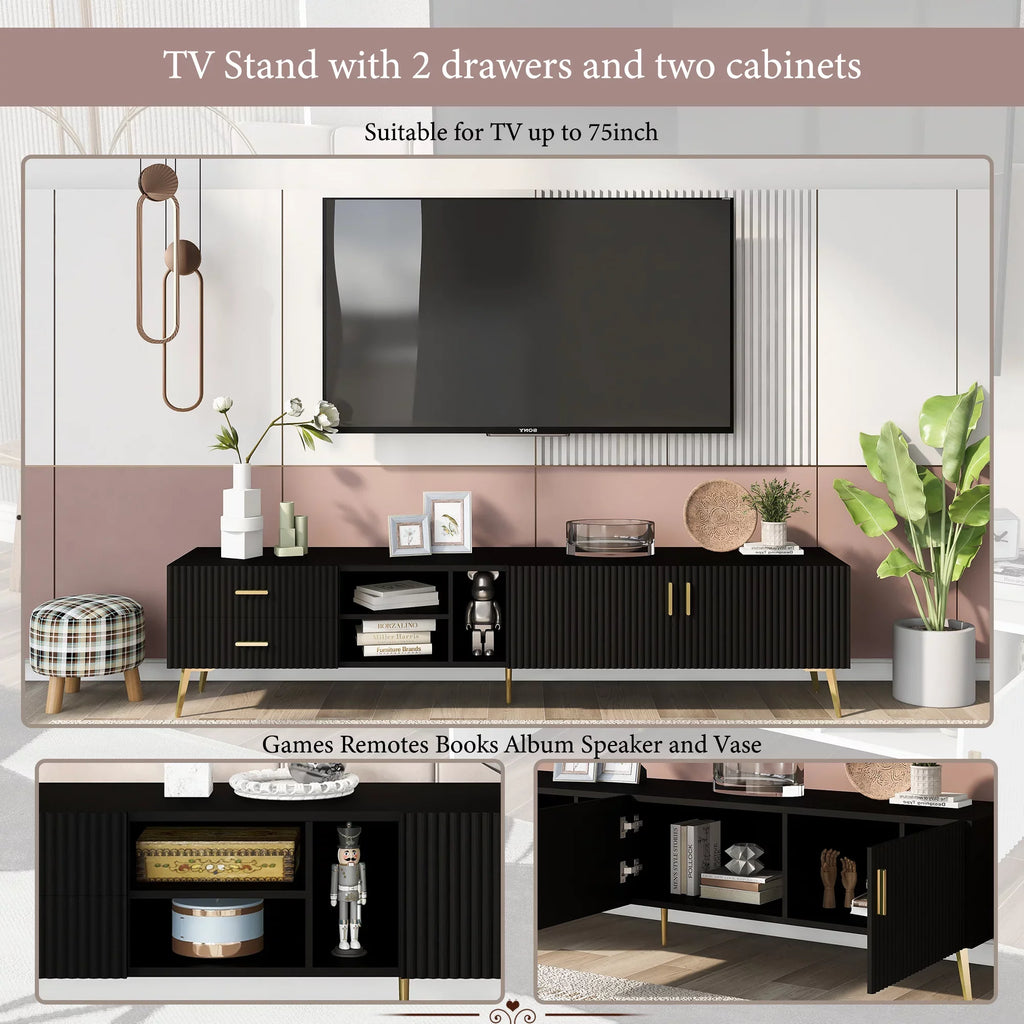 EUROCO Modern TV Stand with 2 Drawers & 3 Shelves & 2 Cabinets and 5 Champagne legs for TVs up to 77", Black